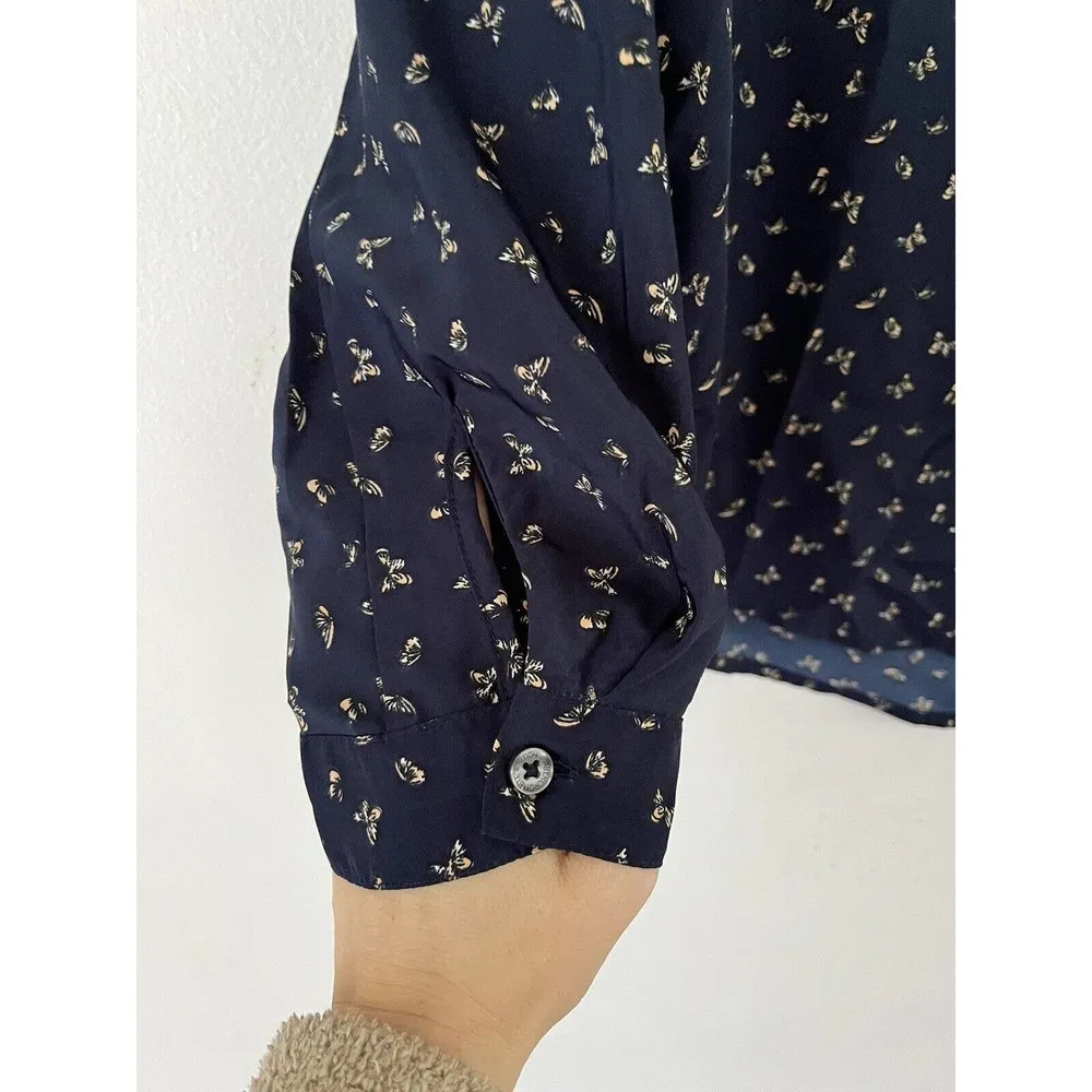 Abercrombie & Fitch Butterfly Navy Blue Neck Tie Popover Blouse Size Small - Image 5