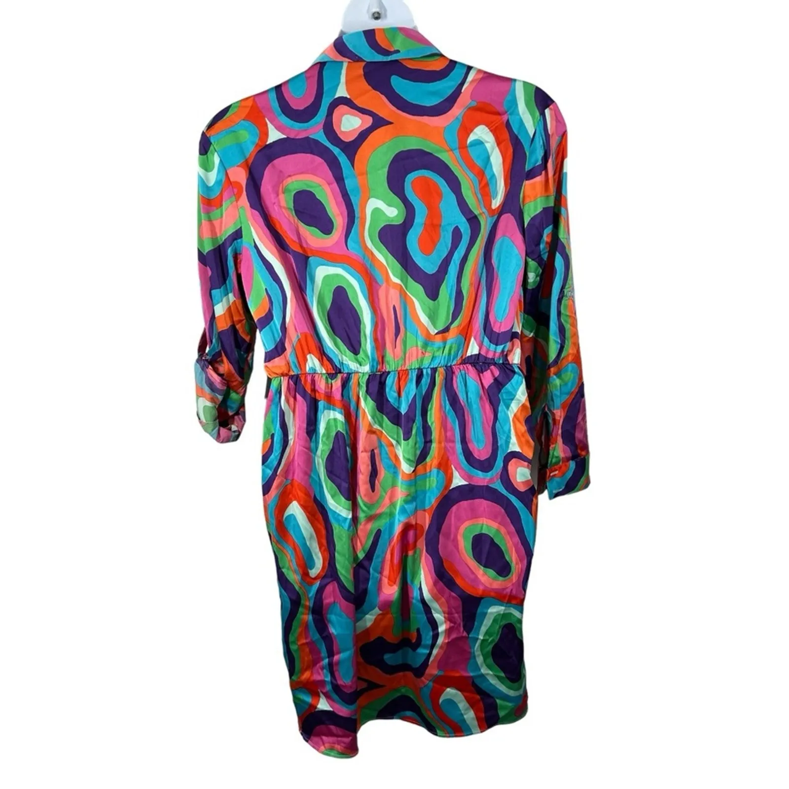 NWT New York & Company Abstract‑Print Wrap Shirtdress Large Faux Wrap Button Pink - Image 9