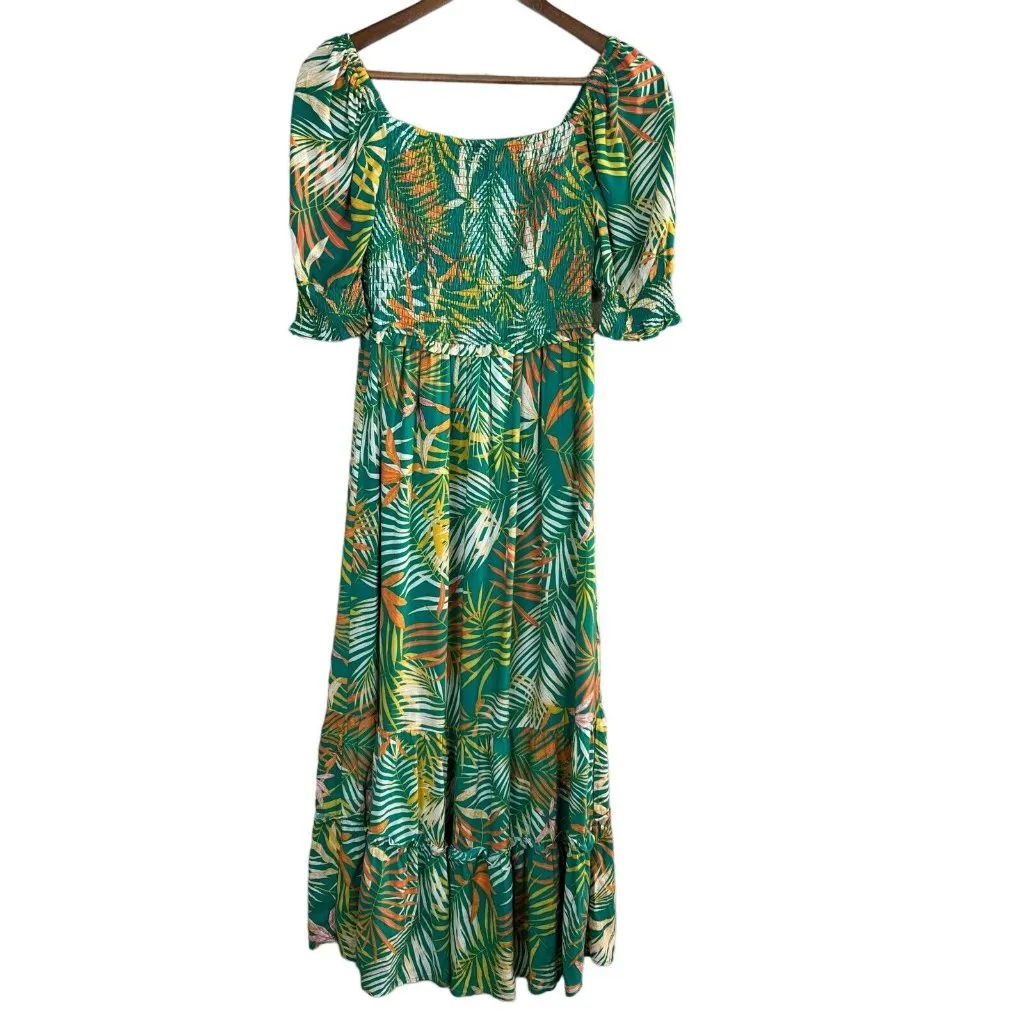 Betsey Johnson Maxi Dress Small‎ Green Palm Leaf Tropical Smocked Puff Sleeve - Image 13