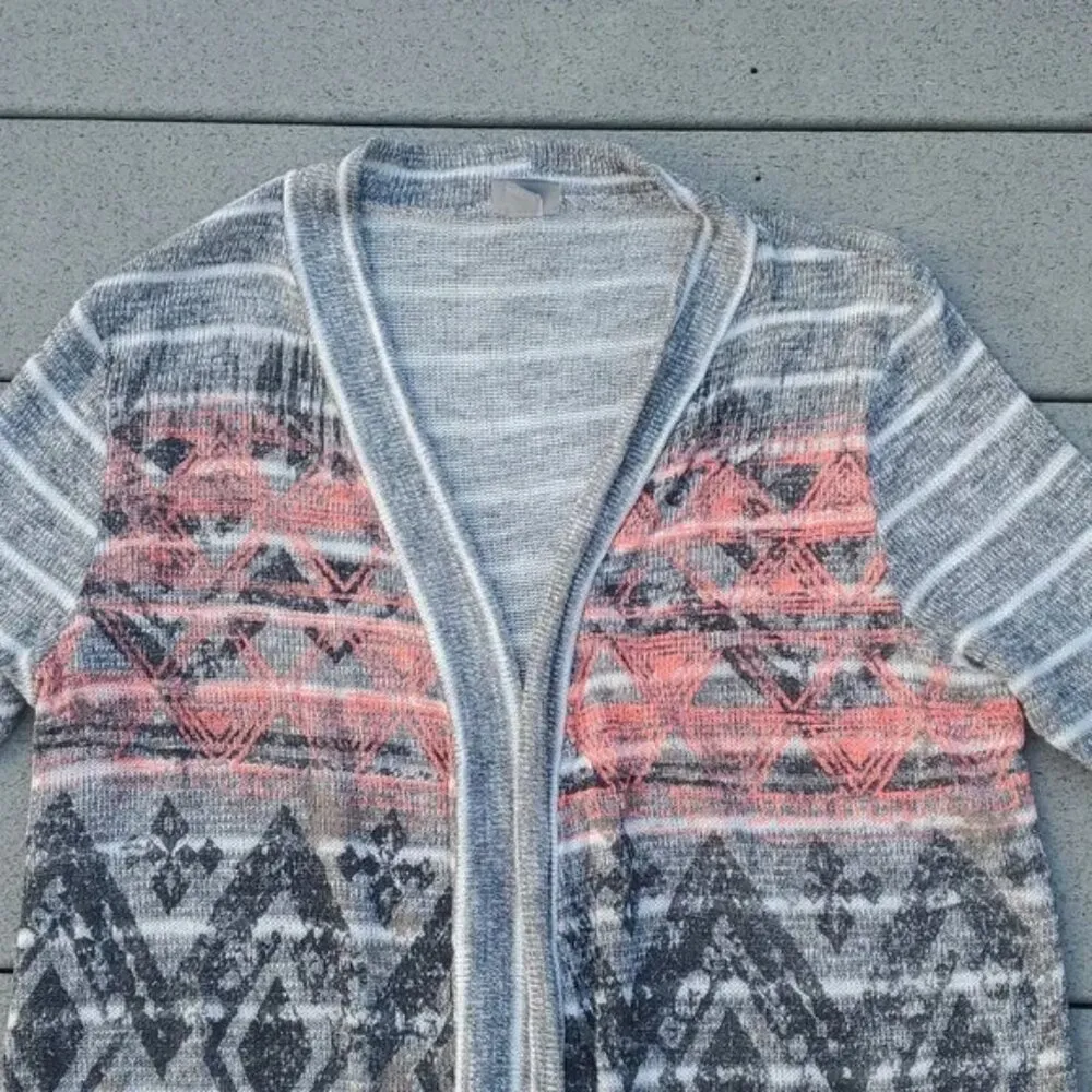 Vanity 3/4 Sleeve Striped Lightweight Open Front Cardigan | Shrug Cardigan Gray Size L - Image 7