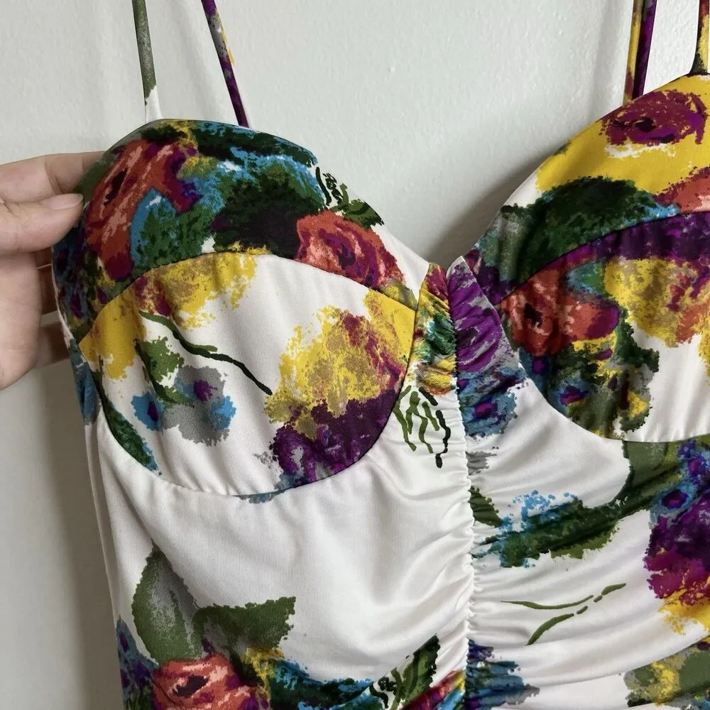 XXi VTG Pleated Tiered Y2K Barbiecore Mini Slip Dress Babydoll Floral USA Sz M - Image 7