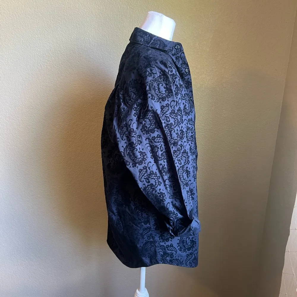 blue velvet floral long sleeve button down short | m - Image 3