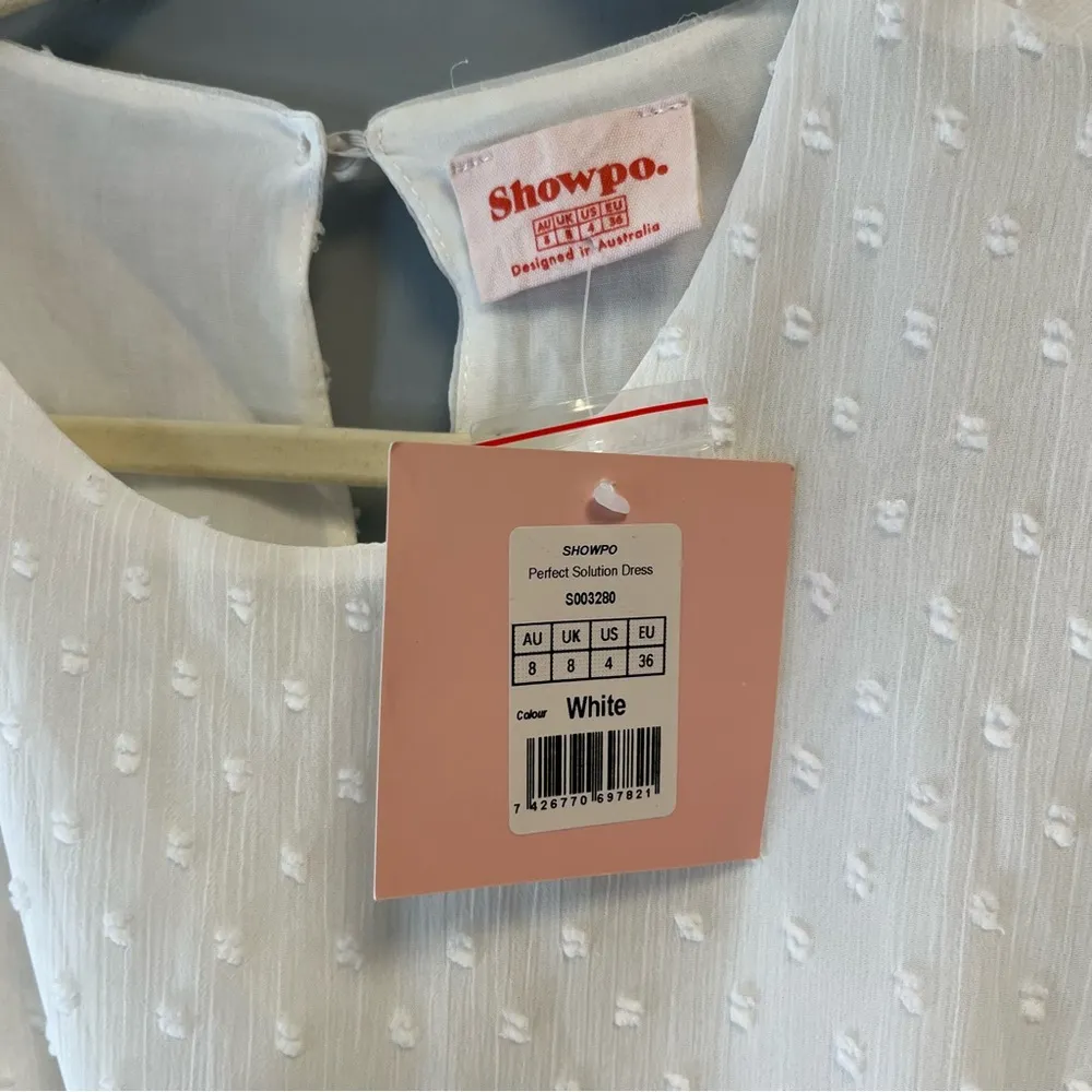 Showpo. Dress White Perfect Solution Mini Dress Sz 4 NWT Swiss Dots Wrap - Image 9
