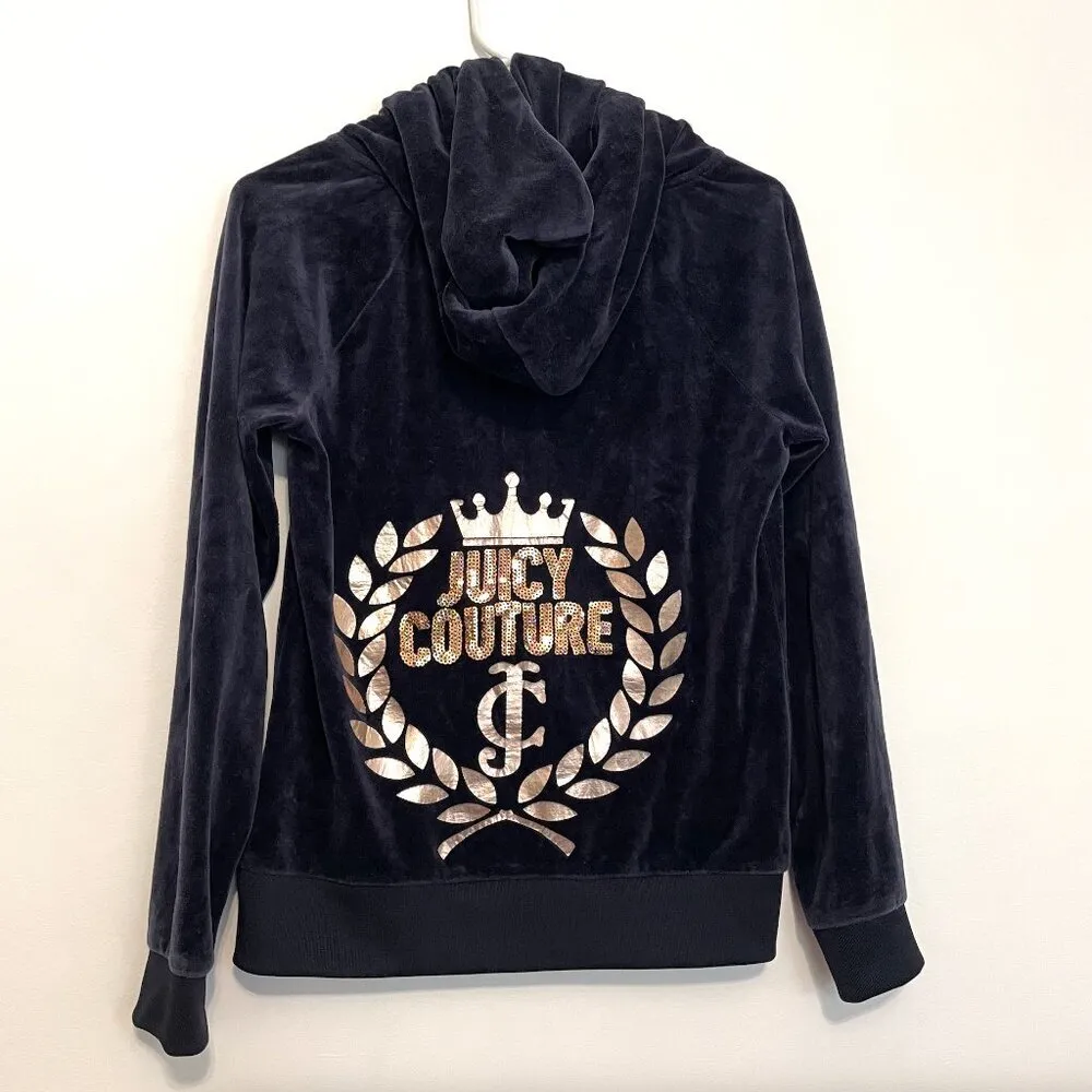 JUICY COUTURE Embellished Velour Hoodie Jacket Navy Blue w/ Back Sequin Logo Y2K - Image 9