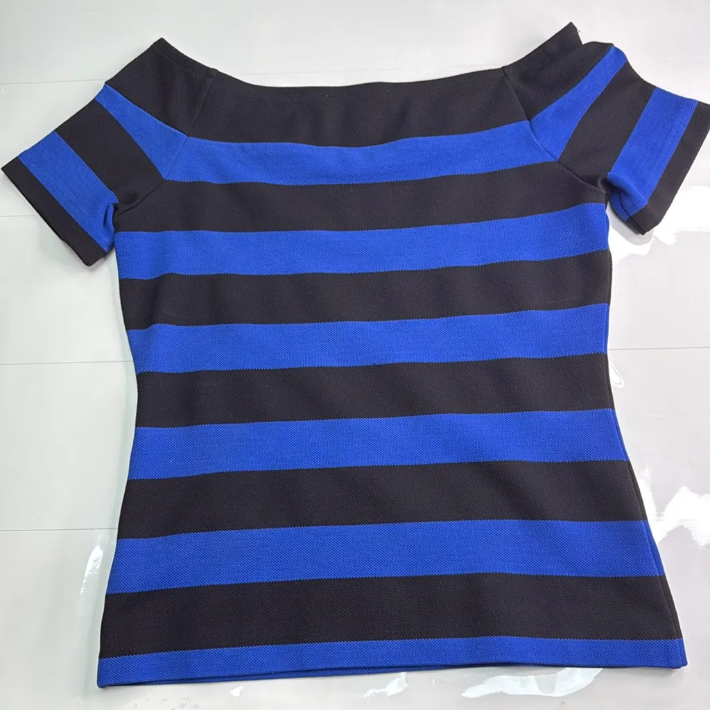 Michael Kors Black and Blue Striped Off-Shoulder Blouse - Image 2