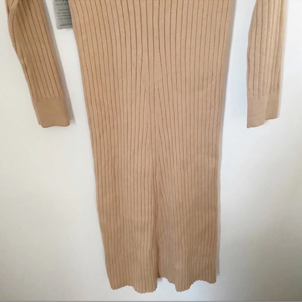 Wayf Ribbed Knit Sweater Dress Midi Tan Cutout Tie Emily x Dede Size Small New - Image 5