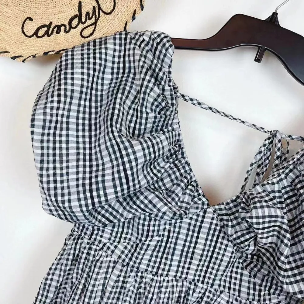 Moon River Afternoon Sunshine Multi Plaid Puff Sleeve Mini Dress - Image 3