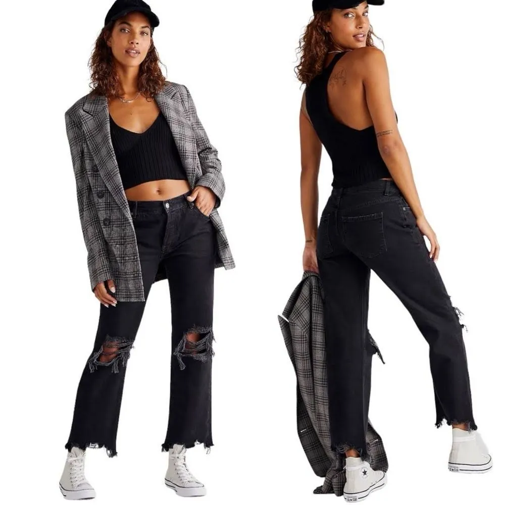 NEW Free People‎ Maggie Mid Rise Distressed Wide Leg Jeans in Washed Black Sz 25 - Image 7