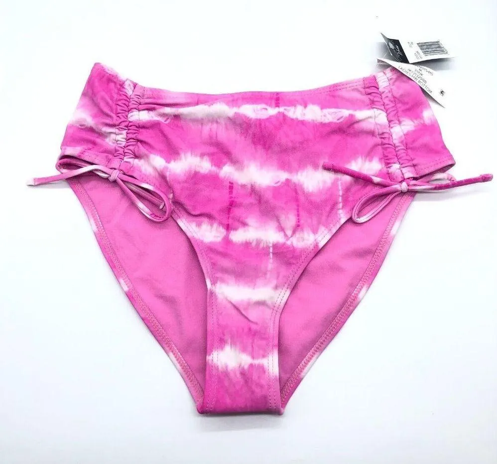 California Waves High Waisted Bikini Bottom Ruched Tie Dye Pink M - Image 2