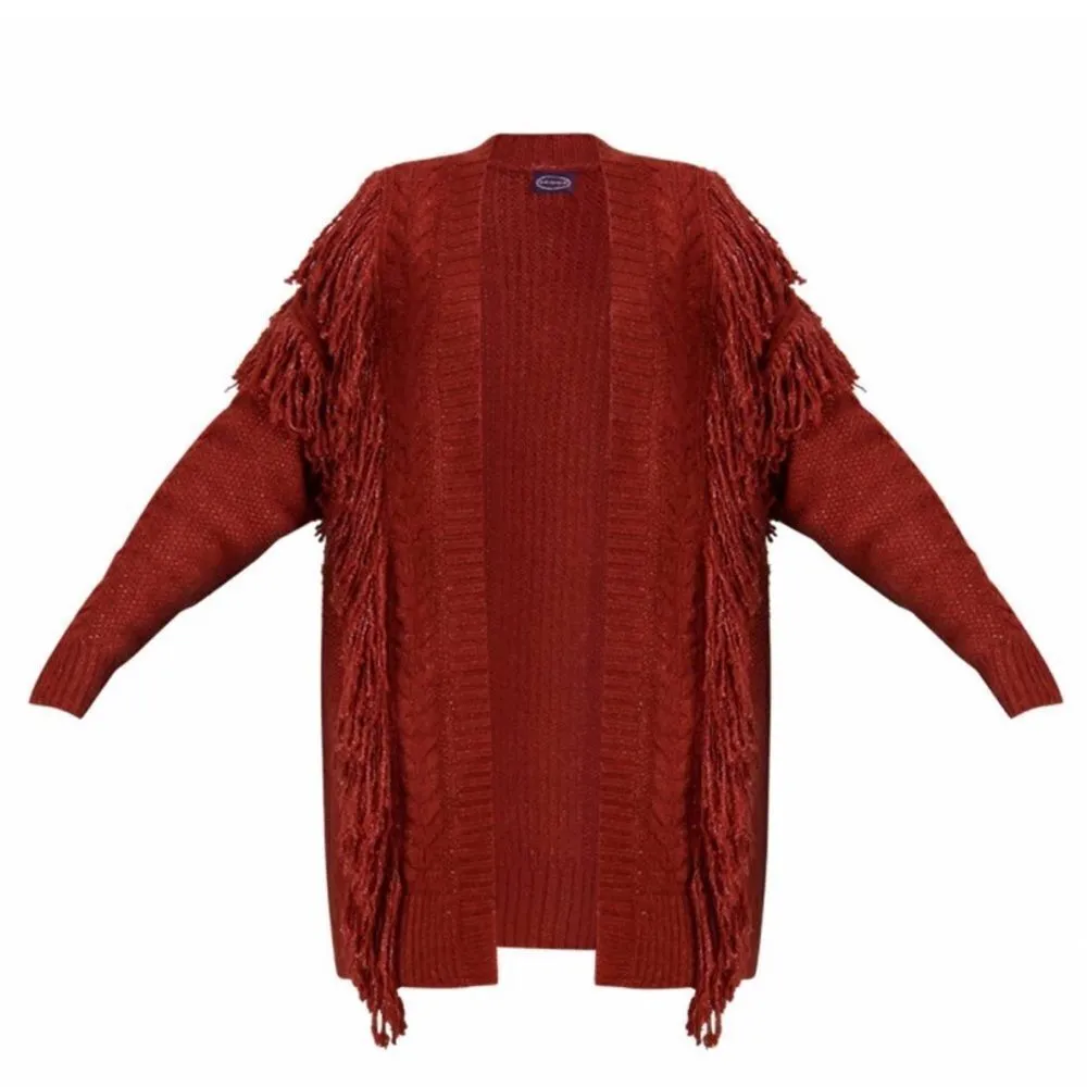 Scoop rust fringe cardigan sweater w/belt sz small Red - Image 5