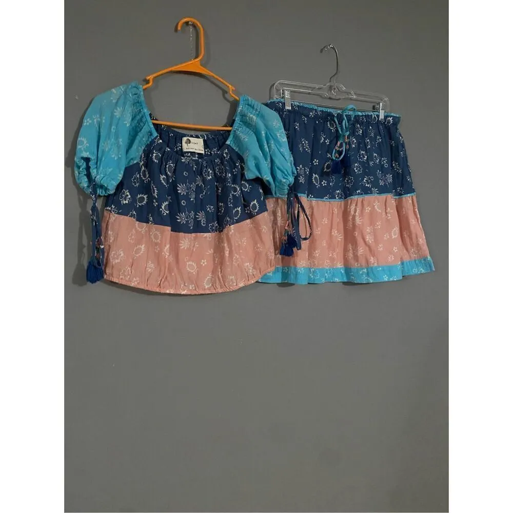 Anthropologie Kopal Women Blue Pink Mohini Skirt Boho Combo Set Size Large - Image 3