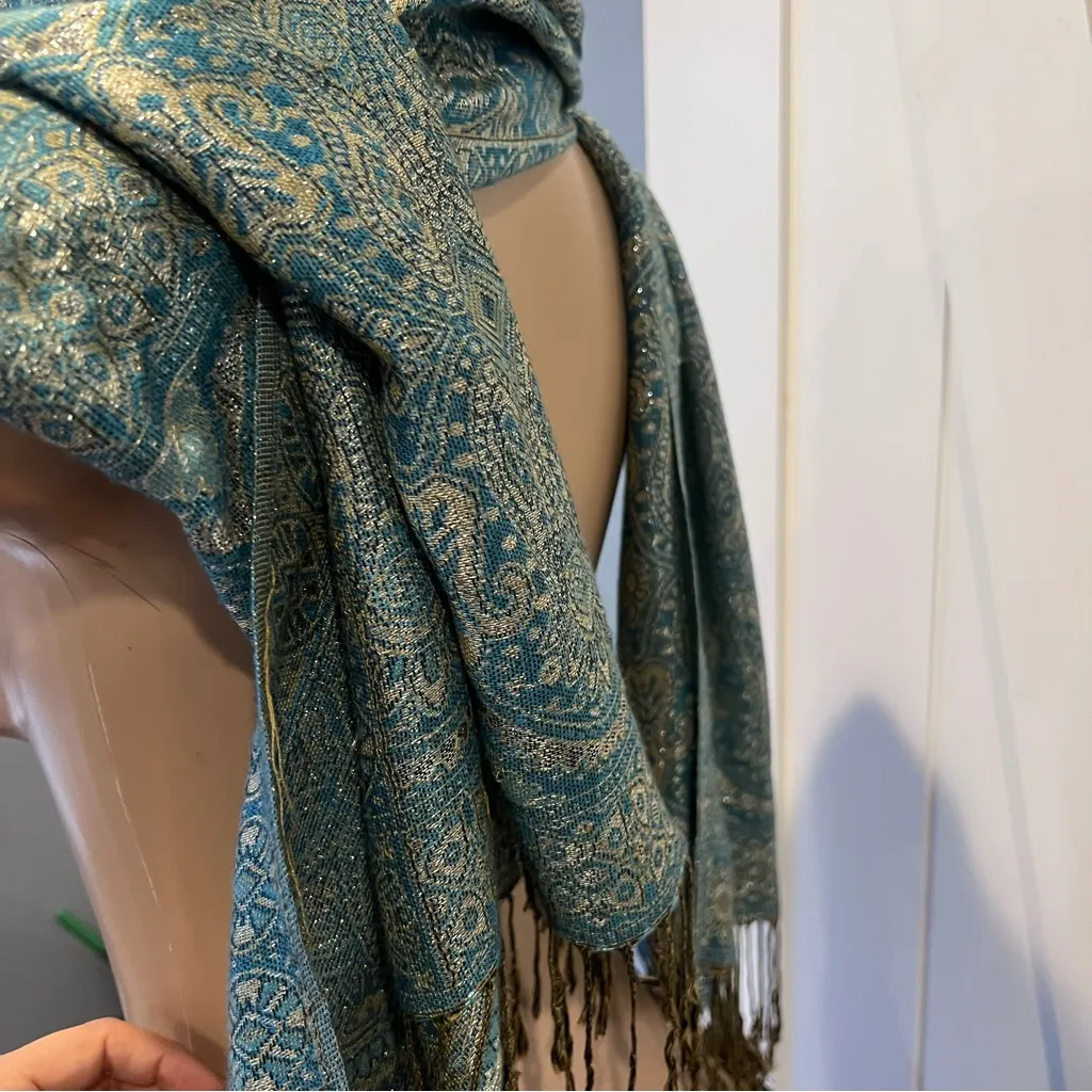 Pashmina Silk blend fringe Elegant Blue and Gold Paisley Scarf wrap shawl 70’ - Image 9