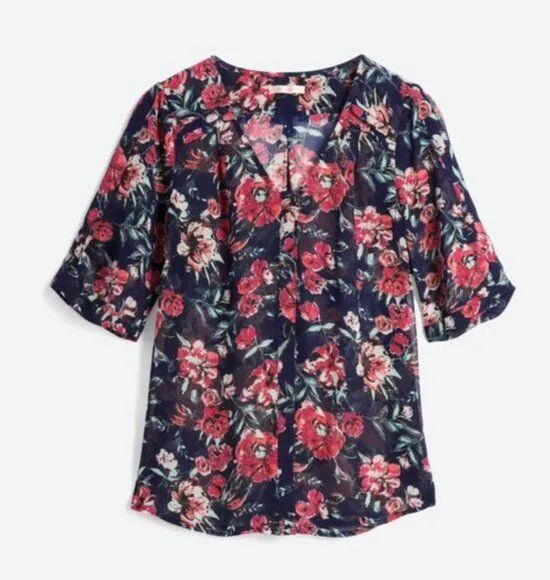 Skies Are Blue Mayven V-Neck Blouse Women's Size XL Navy Blue Pink Floral Sheer - Image 1