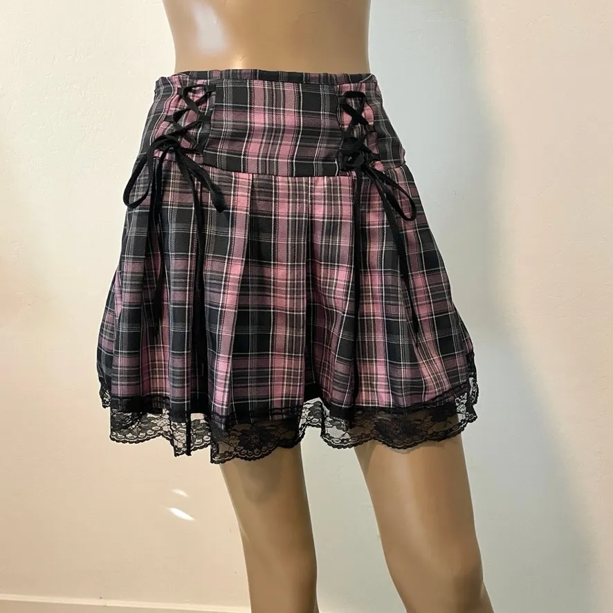Romwe schoolgirl plaid lace tie mini skirt cosplay small SK 5014 - Image 11