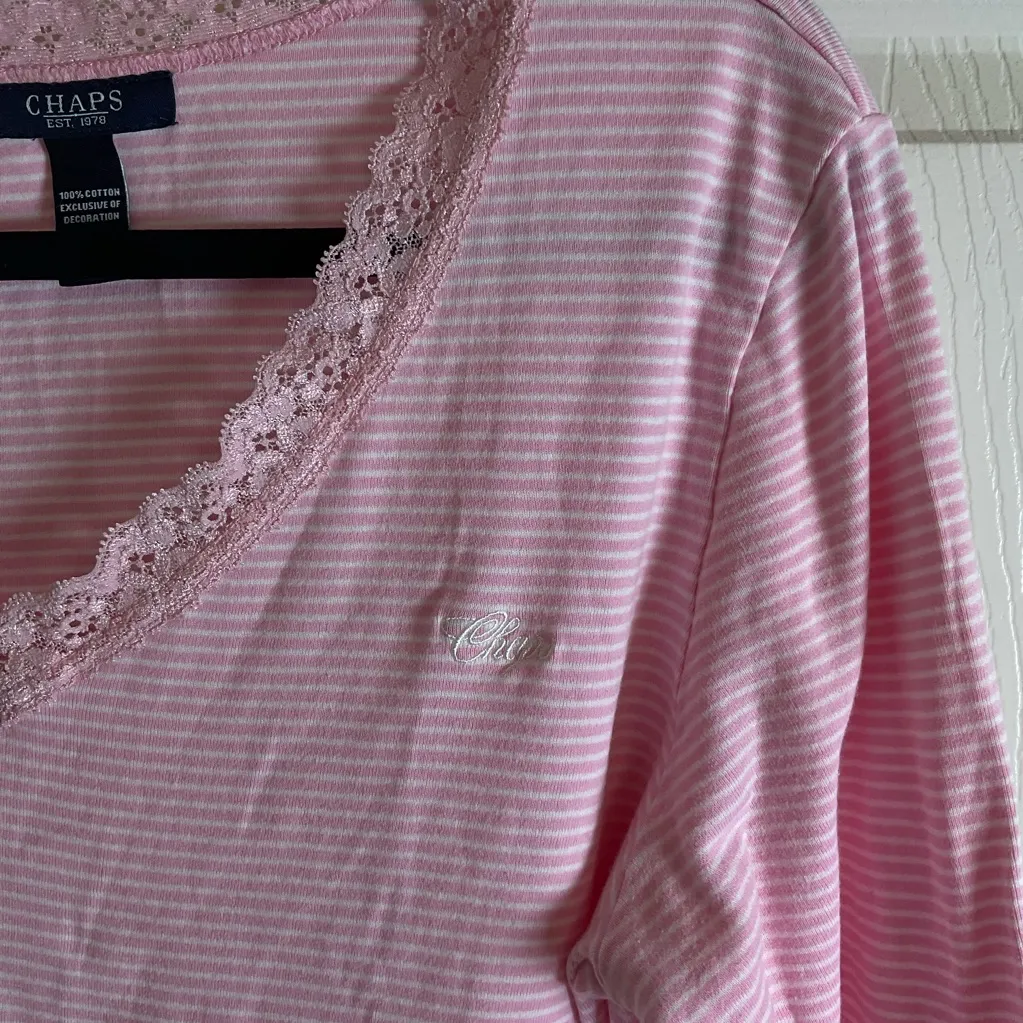 CHAPS SZ XL pink/white Stripe Long Sleeve Shirt W/ Lace Top Blouse - Image 4