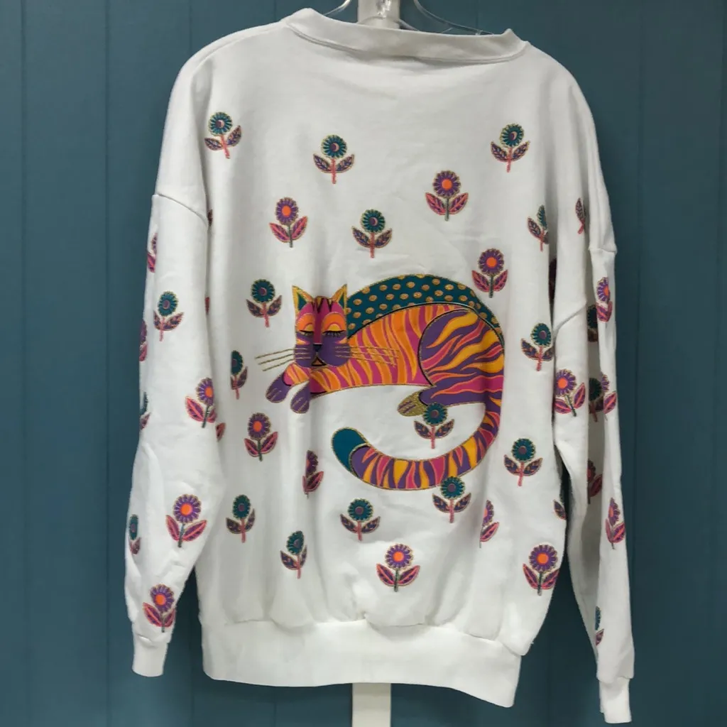 Vintage Art Paint all over cats and daisies gold colorful women’s sweatshirt‎ OS Pink Size L - Image 7