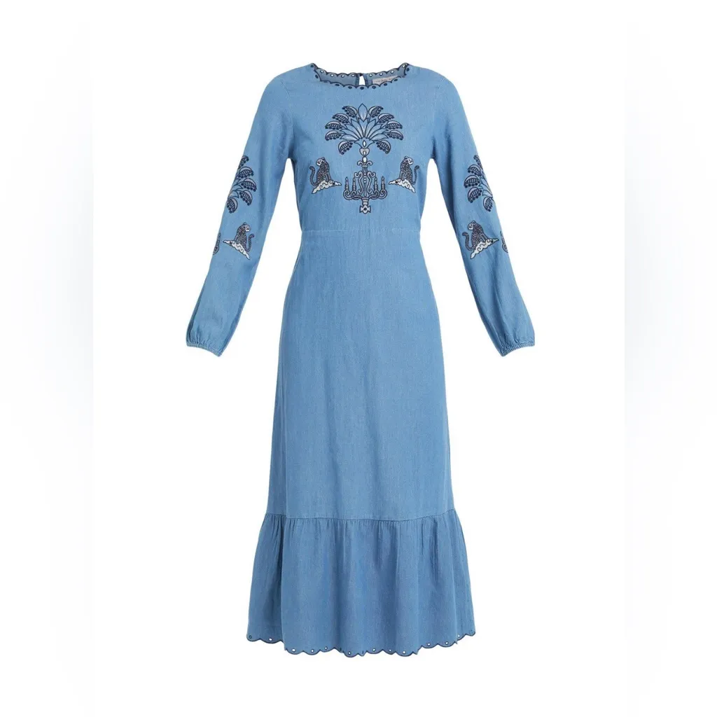 Never Fully Dressed Dreaming in the Clouds denim dress with embroidery. Blue Size 8 - Image 3