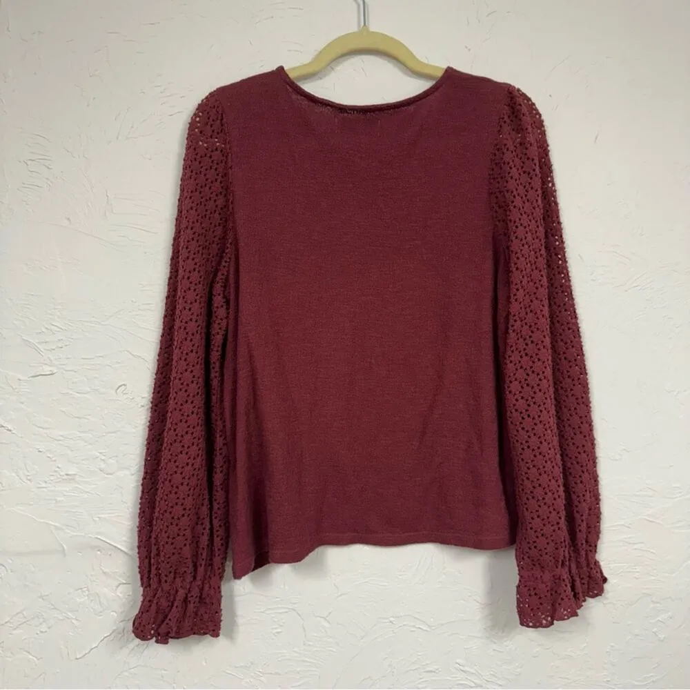Madewell Texture & Thread Burgundy Knit Puff Sleeve Sweater Womens M Fall Eyelet - Image 10