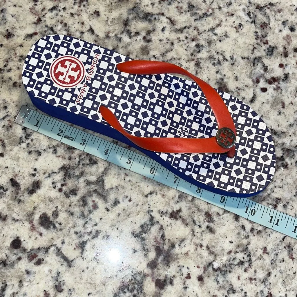 Tory Burch Wedge‎ Flip Flops Blue Red/Orange Size 9.5 EUC - Image 6