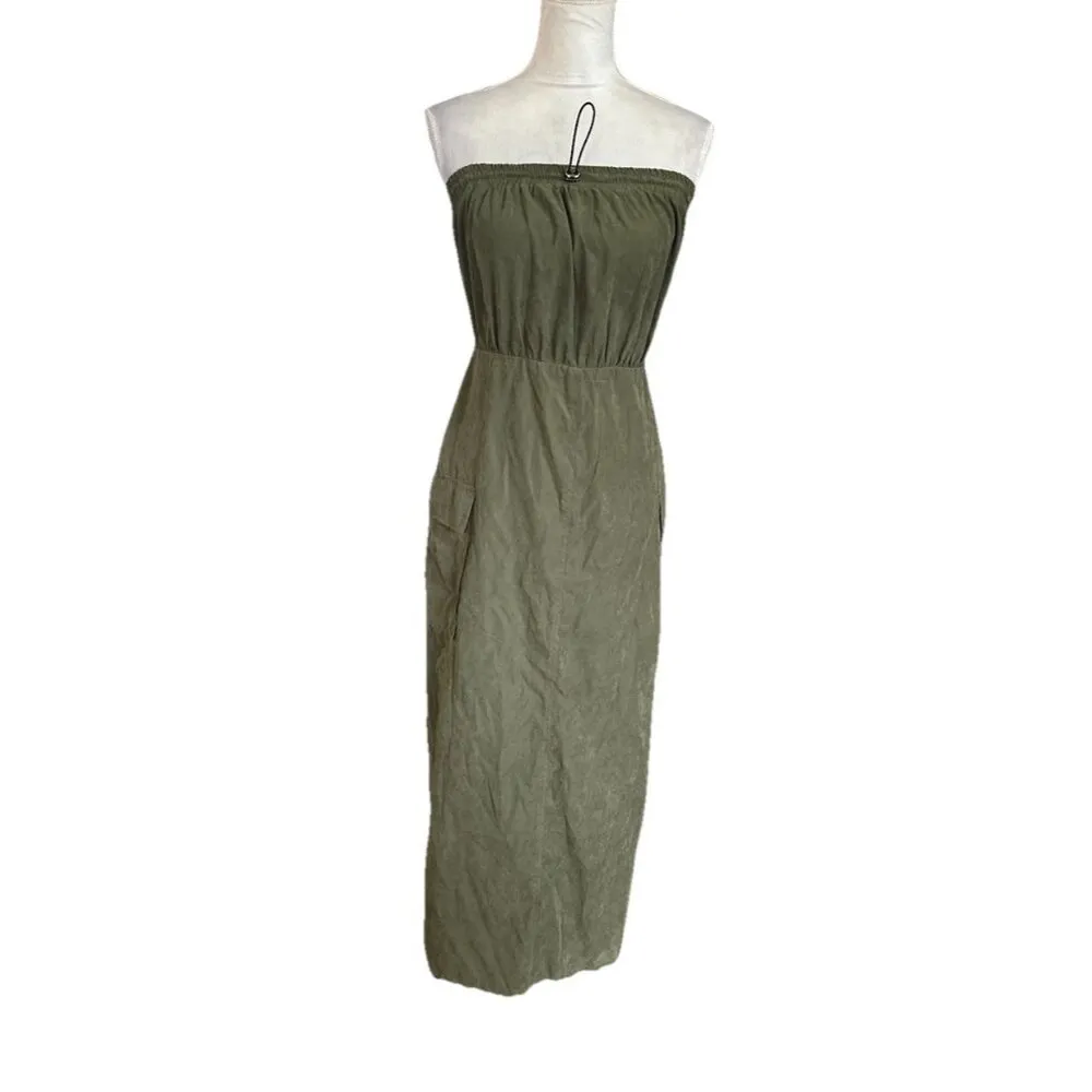 Womens Olive Green Drawstring Tube Dress Size S Cargo Pockets Back Slit Grunge - Image 2