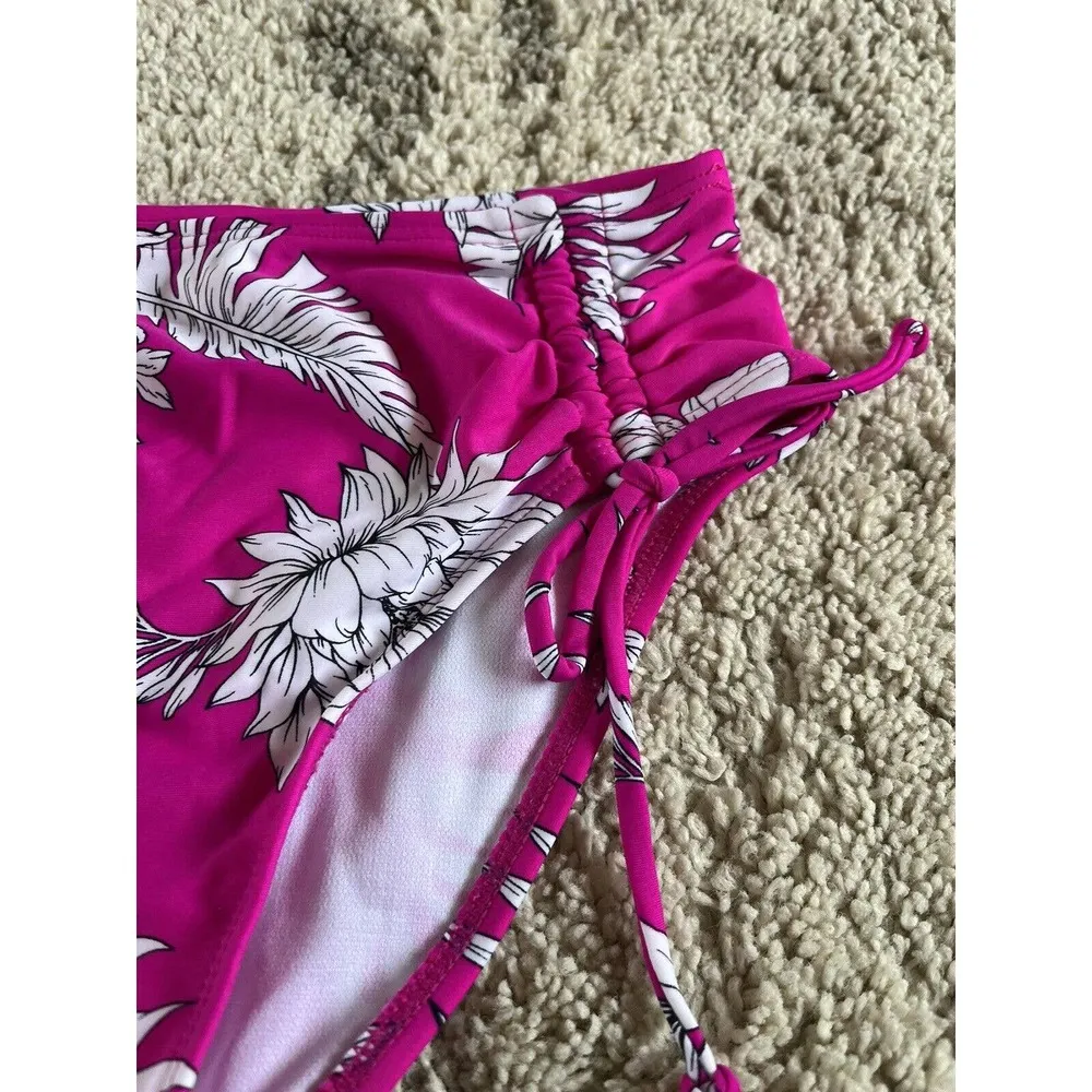 NWT California Waves Hot Pink Tropical Floral Print Tie Sides Bikini Bottom XS - Image 5