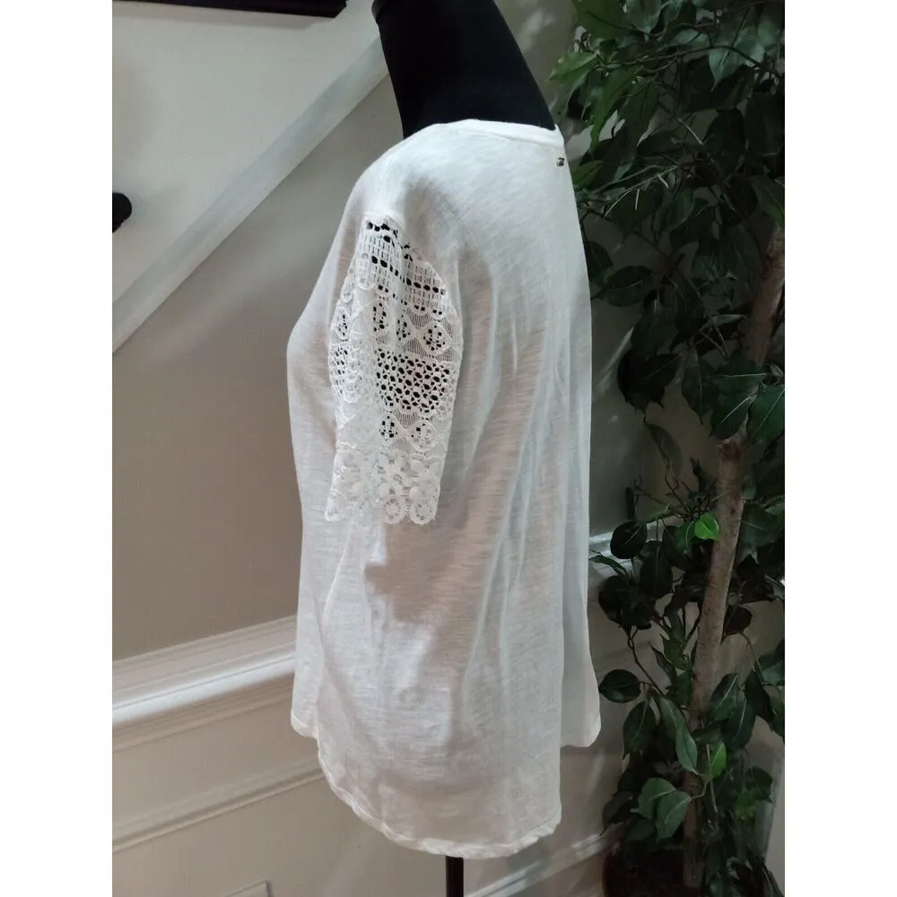 Michael Kors Women's Off White Lace Round Neck Short leeve Top Blouse Medium - Image 6