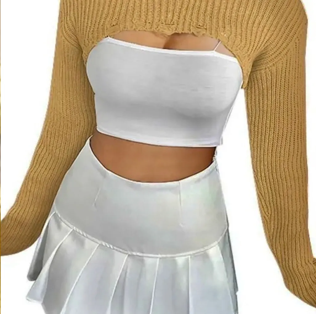 Better Be NWT RETRO off shoulder mustard sleeve super crop sweater bolero - Image 1