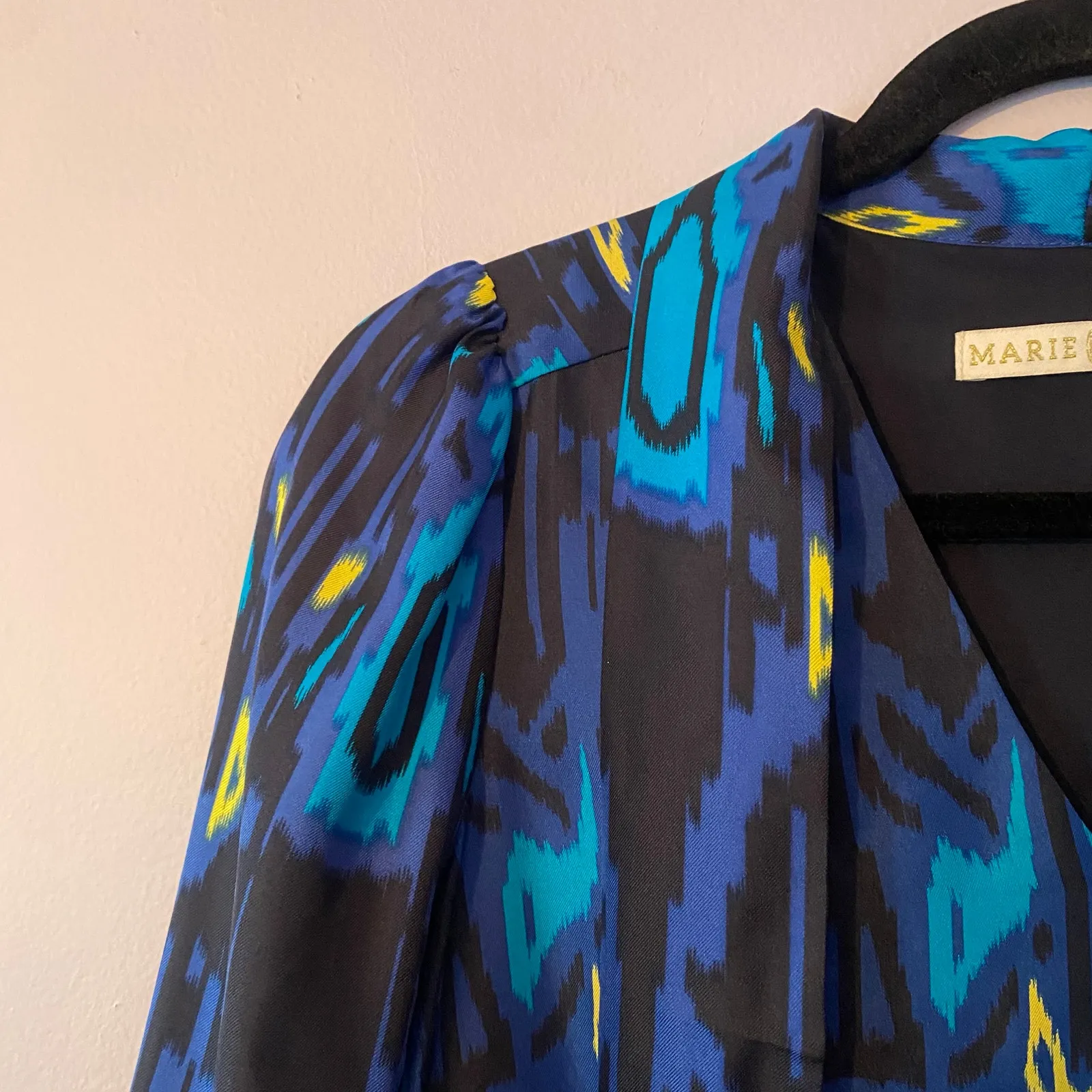 Marie Oliver Blue Silk Abstract Neck Tie Mini Shift Artsy Dress Women's size XS - Image 3