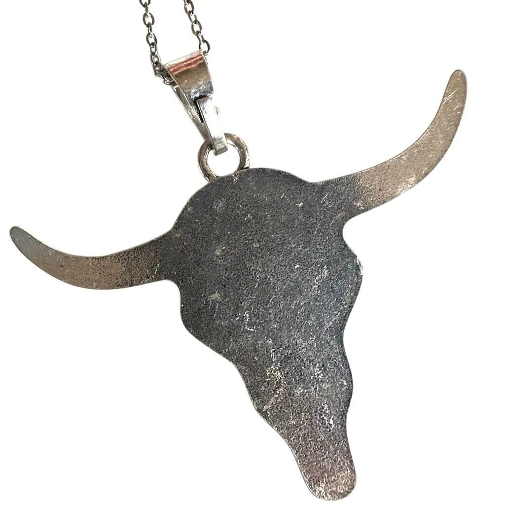 Boho Western Longhorn Pendant Necklace with Faux Turquoise Silver - Image 9