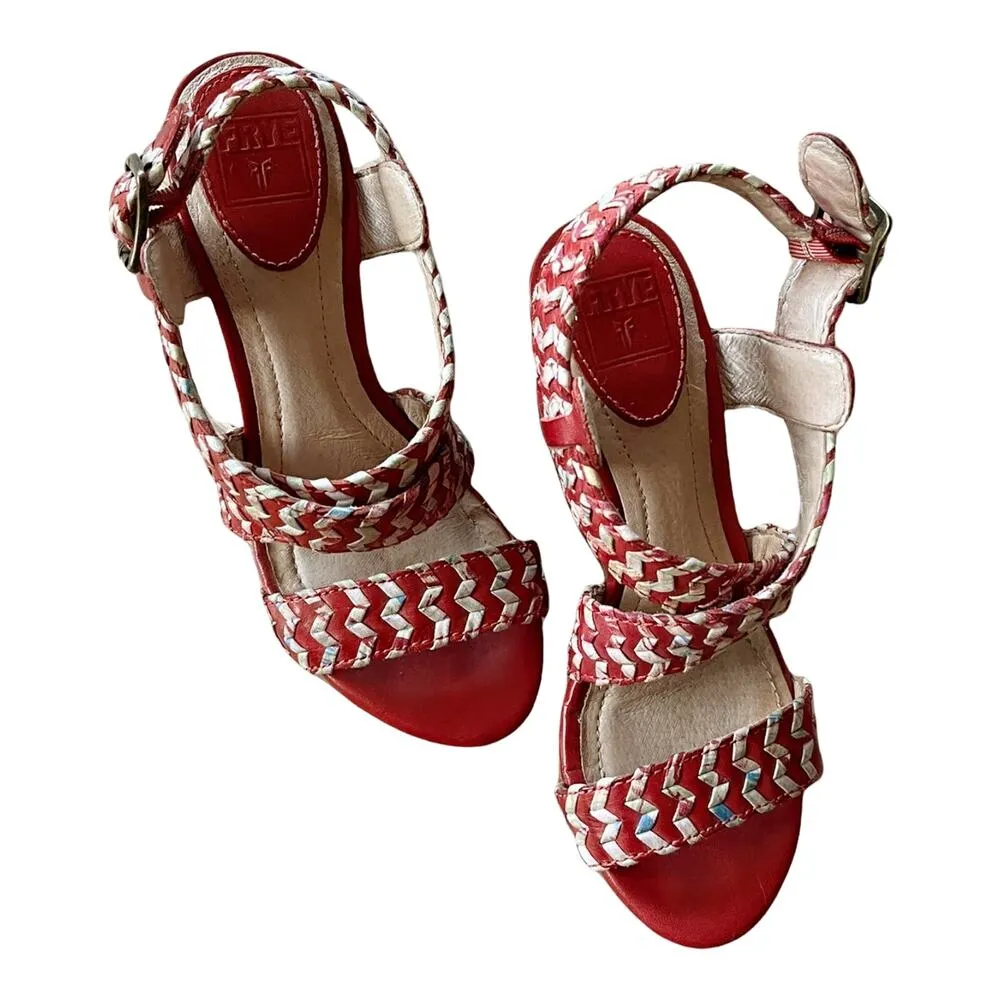 FRYE Corrina Whipstich Platform Wedges Leather Peep Toe Braided Sandals 5 in - Image 7