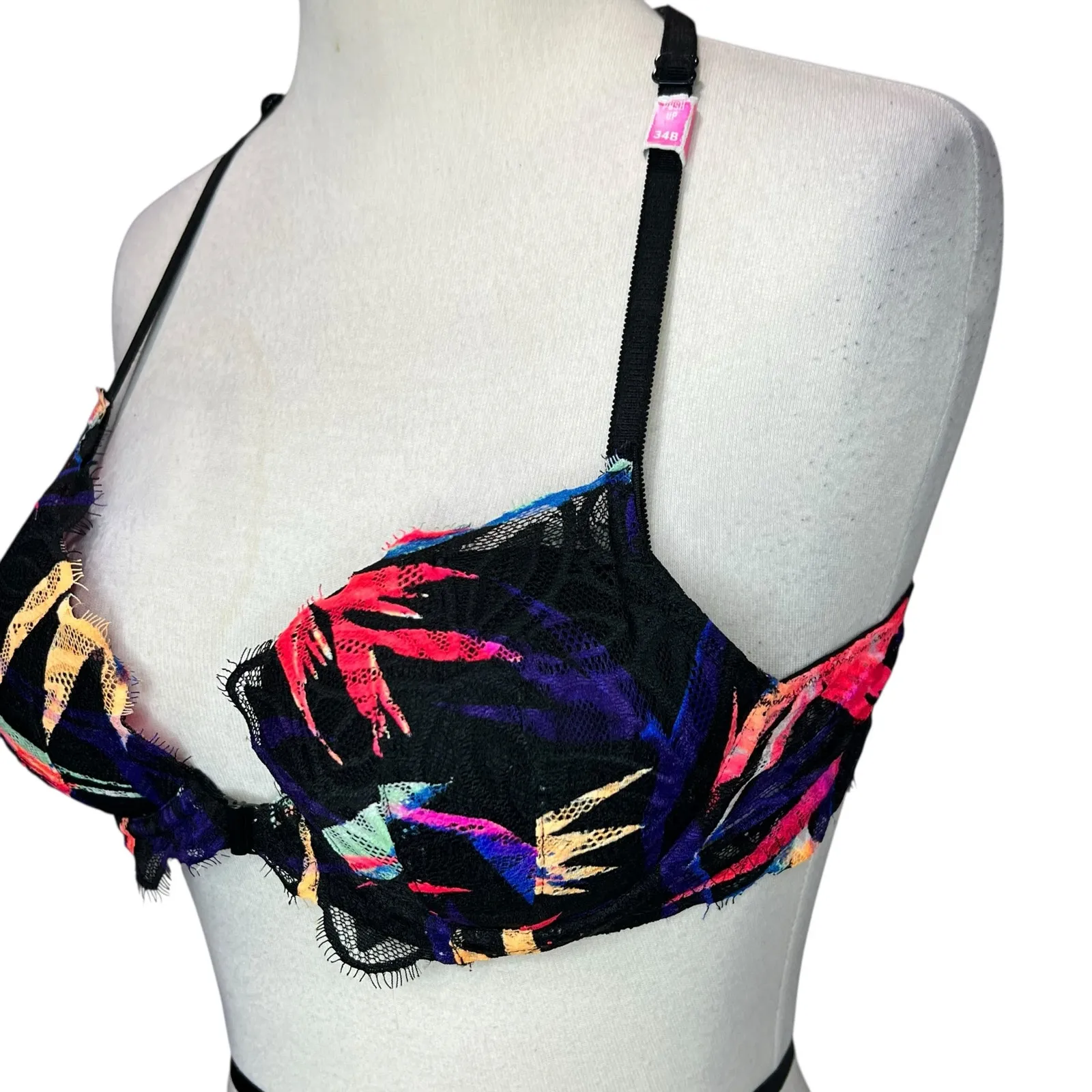VS PINK Push Up Bra 34B Black Lace Tropical Halter Racerback Front Closure NEW - Image 3