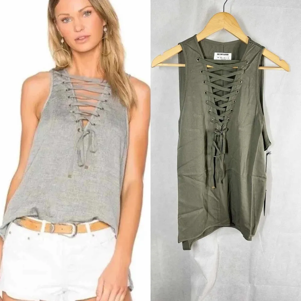 One Teaspoon Radar Lace-Up Tank Top Militaire Green Size XS - Image 3
