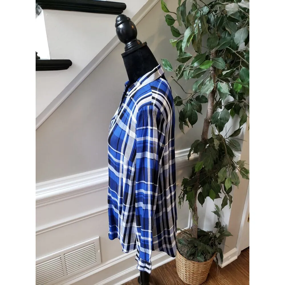Est. 1946 Blue Plaid Long Sleeve Blouse Pullover Split Neck Casual Shirt Large - Image 6