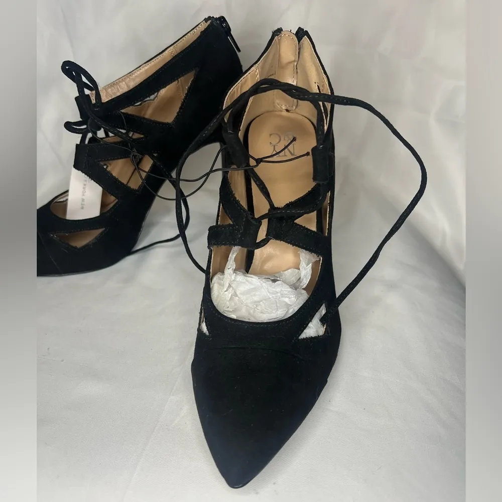 New York & Company Black Pointed Toe Strappy Lace Up Heels 8 - Image 5