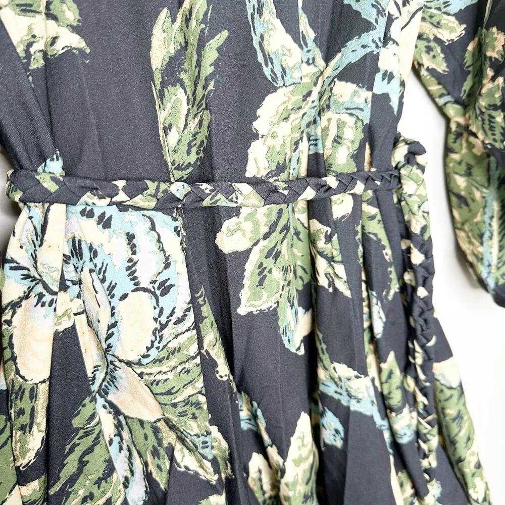 Rhode Womens Ella Mini Dress Leaves Print Long Sleeve Belted Black Green Size M Size M - Image 8