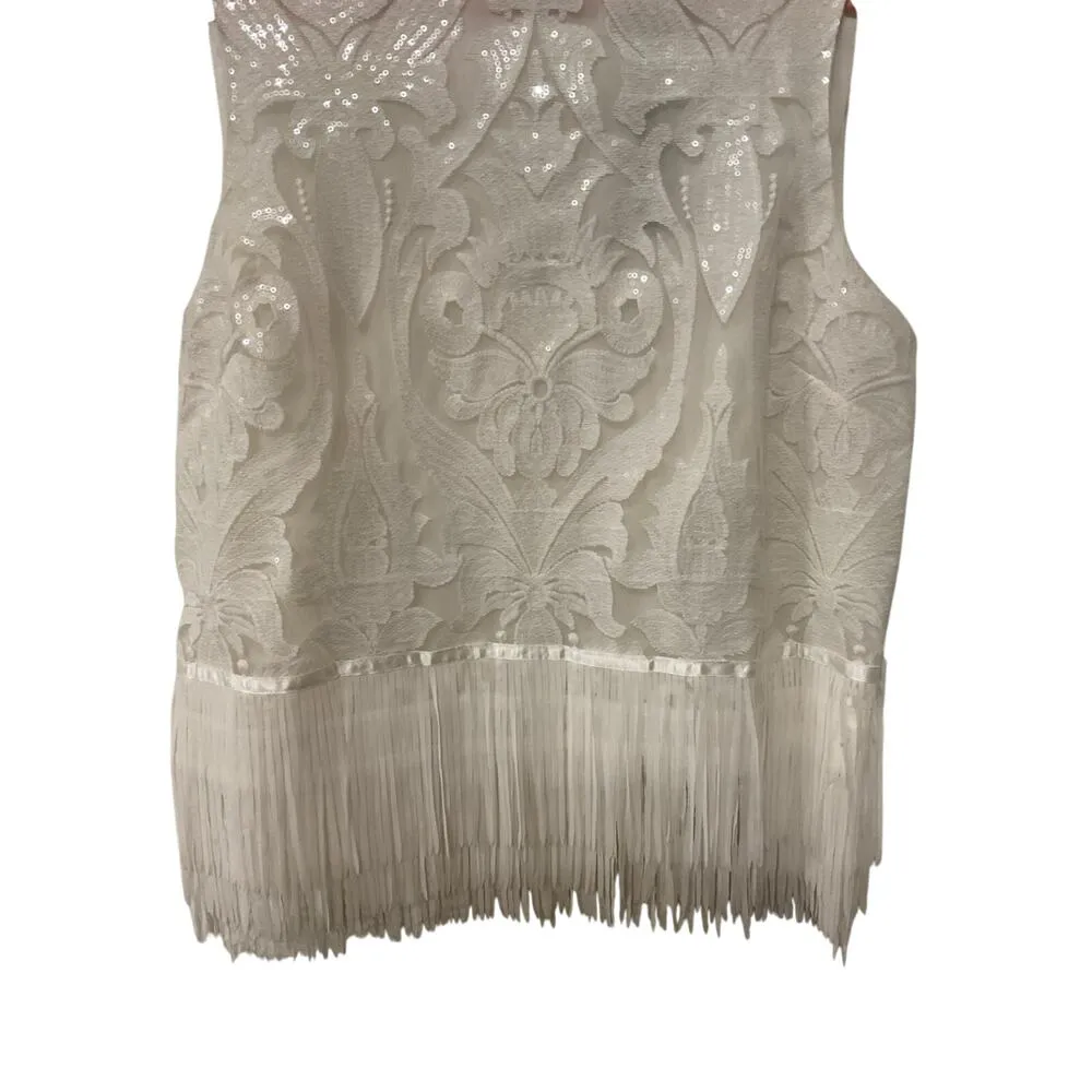 NWOT English Factory White Sequin Party Crop Fringe Top, L - Image 3