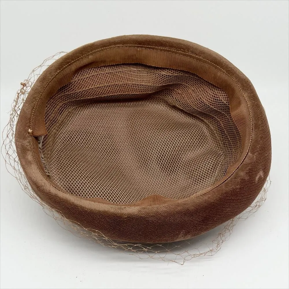 Vintage 50s 60s Brown Velvet Pill Box Hat with Mesh, Bow and Jewel Accent - Image 6