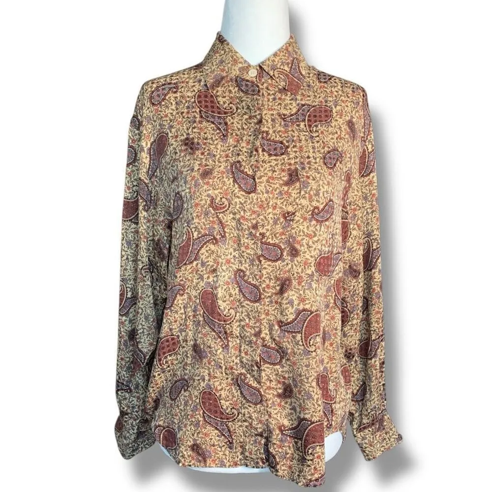 Vintage 90s Top Tan Maroon Silk Paisley Button Front Long Sleeve Dark Floral 6 - Image 2