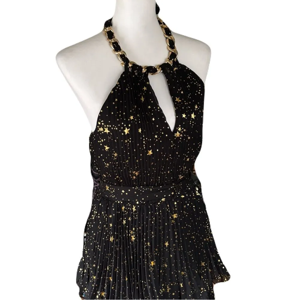 NWT Alex Marie Black and Gold Tiered Pleated Halter Maxi Dress – Size 4 - Image 5