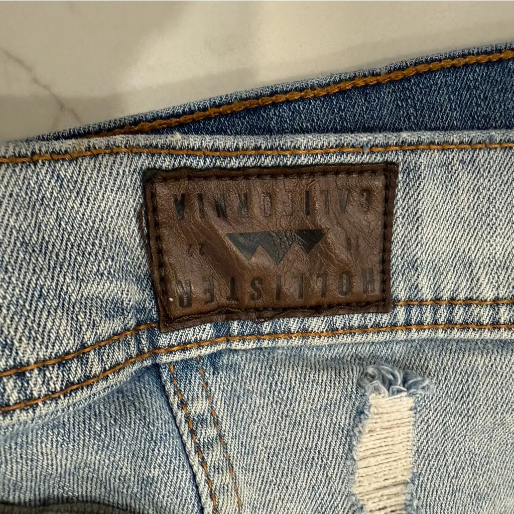 Hollister Distressed Denim Jersey Hooded Button Jacket Womens Small Blue/Gray - Image 8