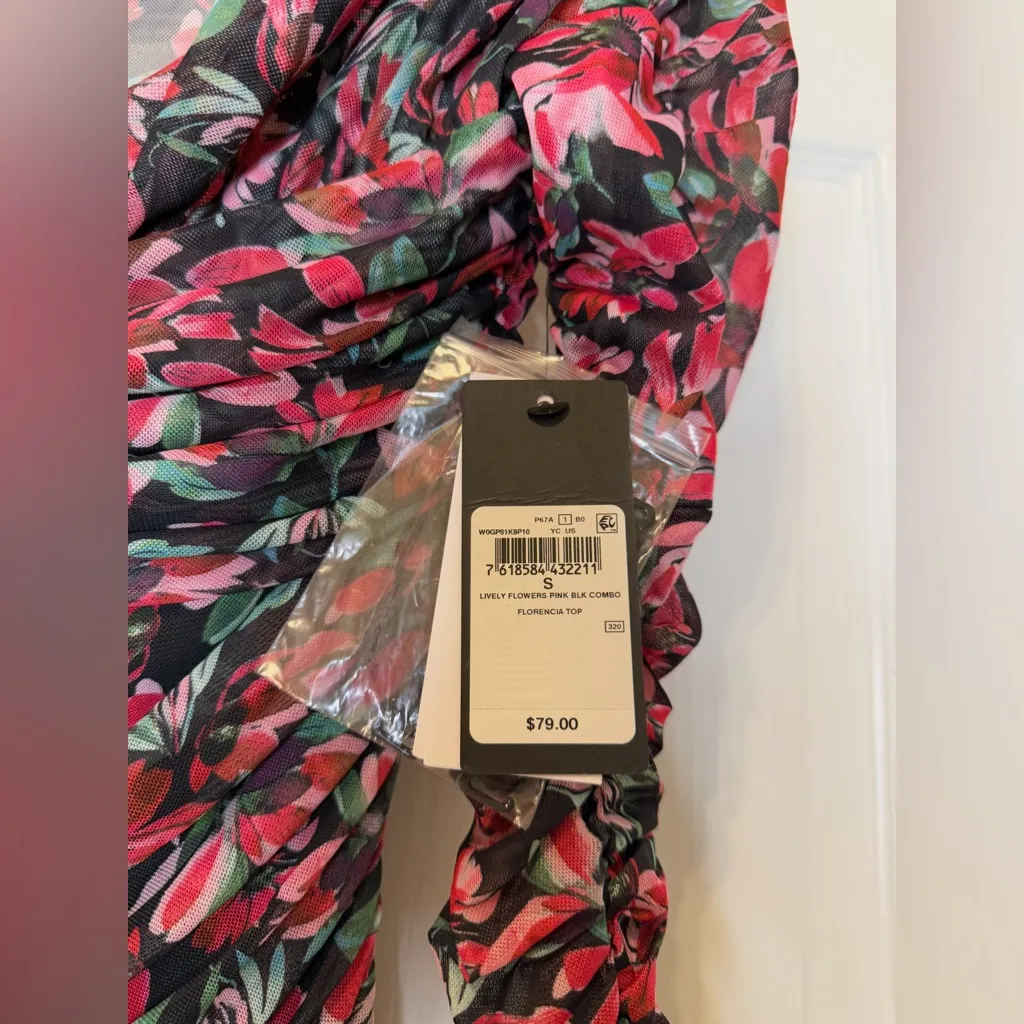 Guess Floral Long Sleeve Ruched Cowl Neck Top Small Black Red Green Stretchy NWT - Image 6