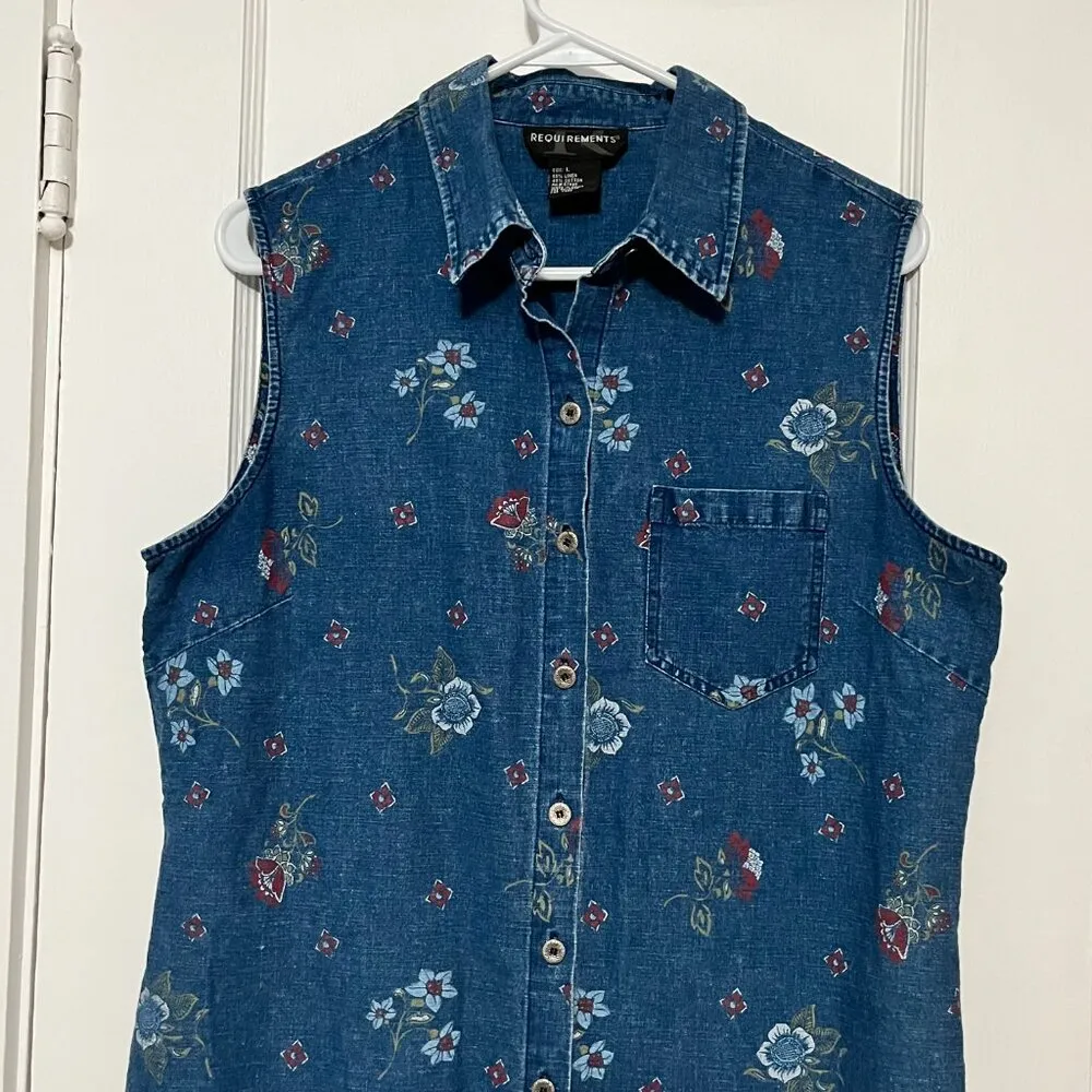 Requirements VTG linen cotton denim shirt dress size large floral patriotic - Image 3