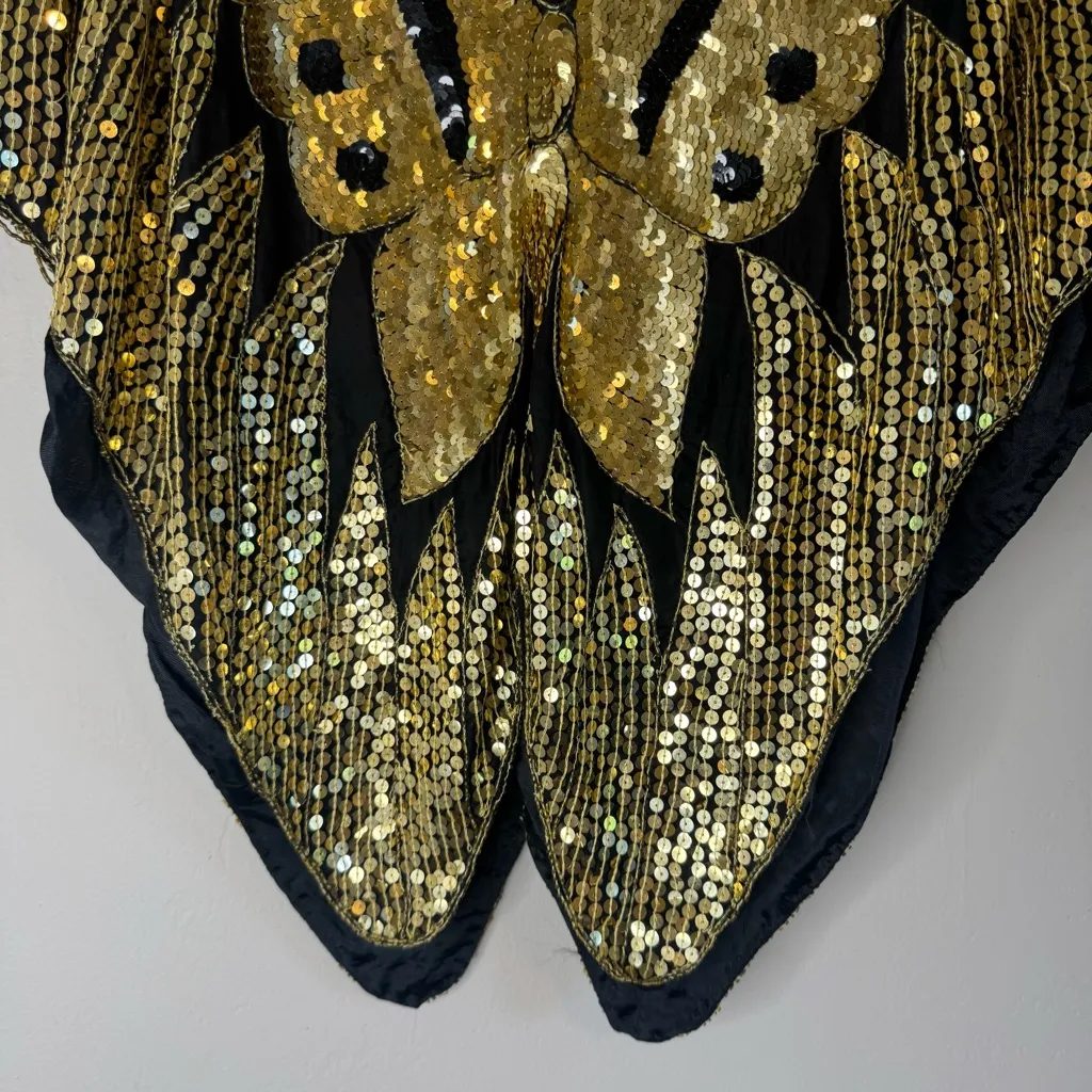 Vtg heavily embellished black and gold sequin butterfly 100% silk top size L Size L - Image 4