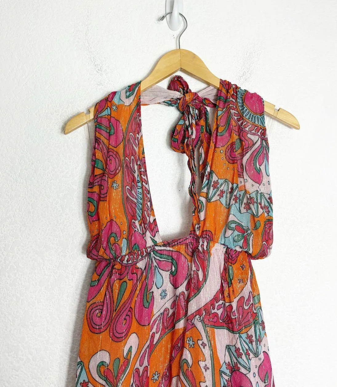 Sundress Amina Dress Size Large Fuchsia orange Print Halter Neck Asymmetric Hem - Image 5