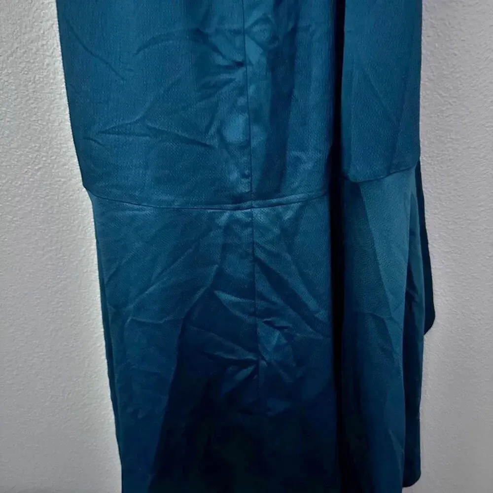 EXPRESS | Satin Ruffle Hi-Lo Maxi Dress Sleeve Faux Wrap Jewel Dark Teal | XL - Image 5