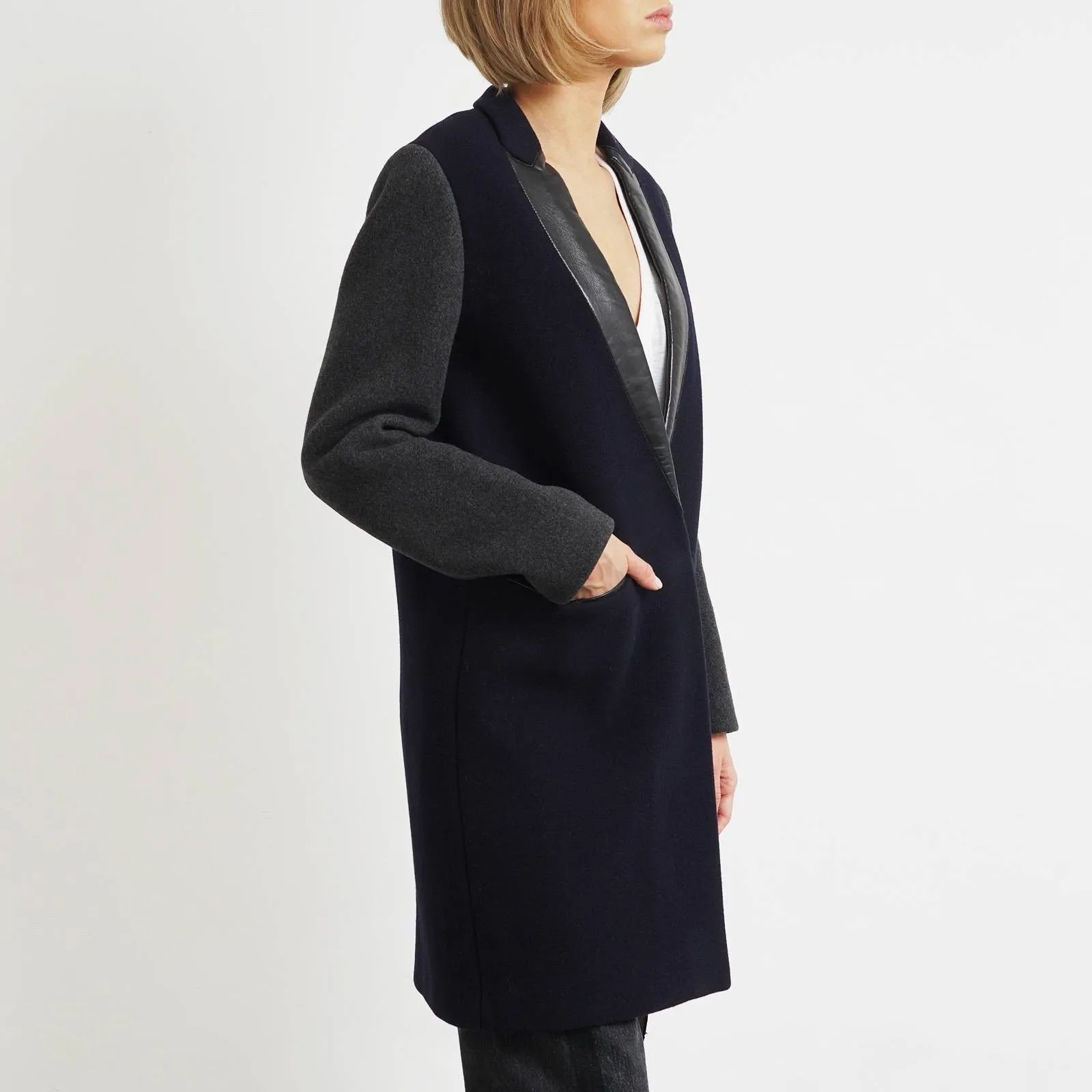 SANDRO Women’s Mid-Long Wool Coat Leather Trim Navy & Gray Size 36 - Image 2