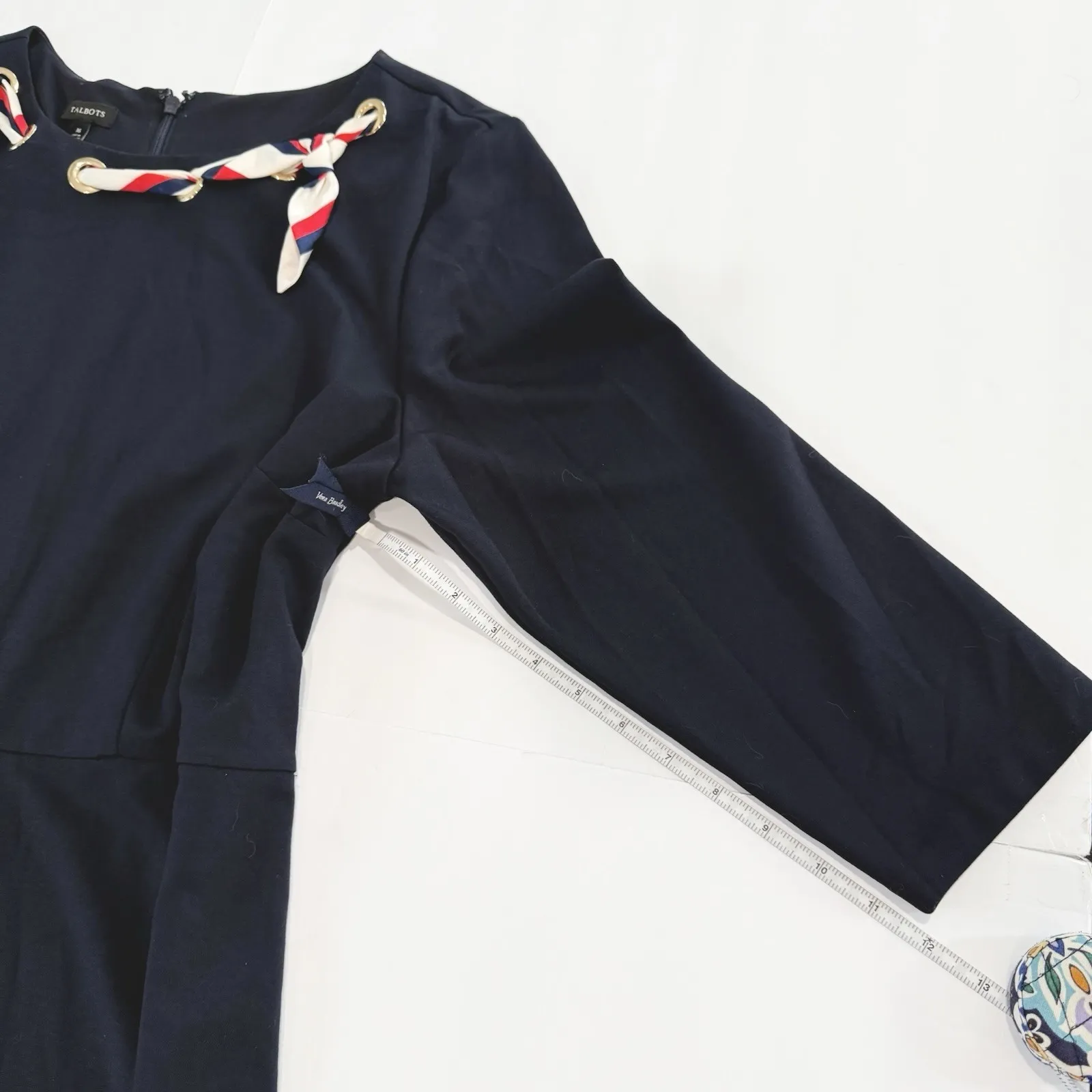 Talbots Ponte Navy Blue Scarf Neck‎ Nautical 3/4 Sleeve Flare Midi Dress Size 16 - Image 8