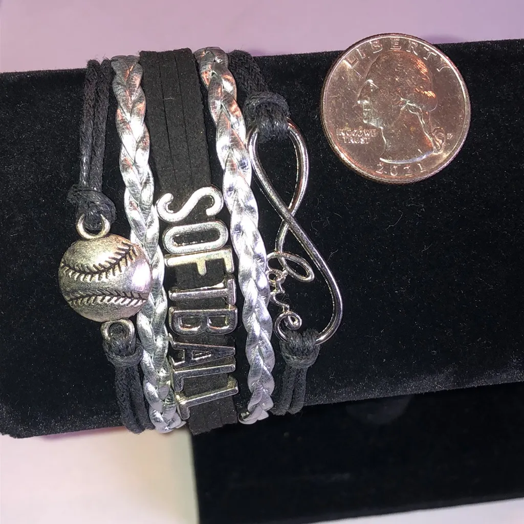 Silver Tone and Black Softball Love Boho Bracelet - Image 3