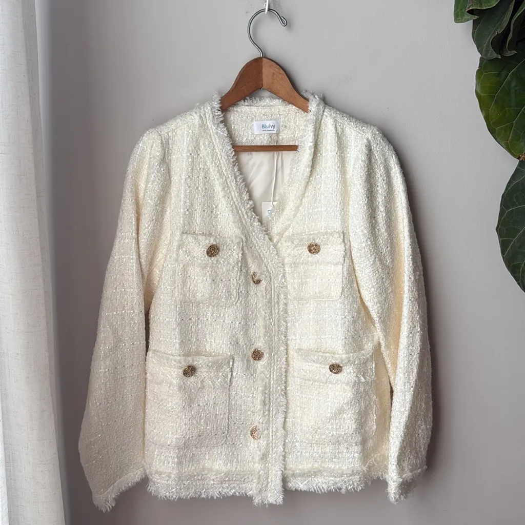 Bluivy Tweed Sparkle French Chic Gold Button Down Long Sleeve Frayed Blazer - Image 4