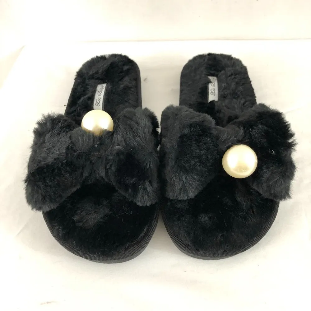 Womens Slippers Slides Faux Fur Pearl Black 5/6 - Image 2